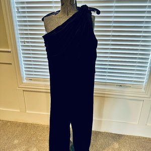 NWT | EXPRESS Black Velvet One Shoulder Ruched Wide Leg Jumpsuit | Size L